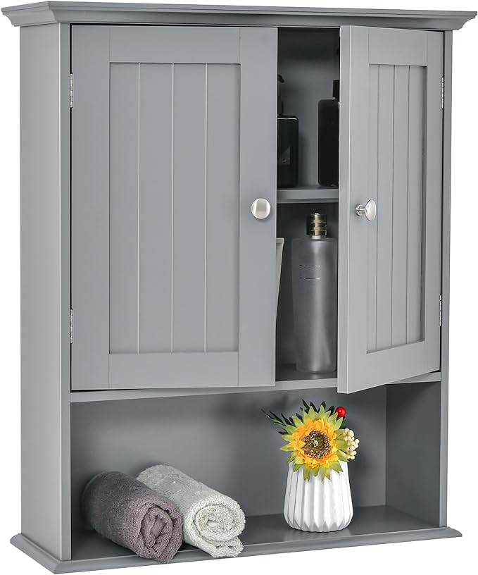 Bathroom Wall Cabinet, Wooden Hanging Storage Cabinet with Doors & Shelves,