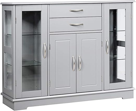 Sideboard Buffet Server Storage Cabinet W/ 2 Drawers, 3 Cabinets and Glass Doors