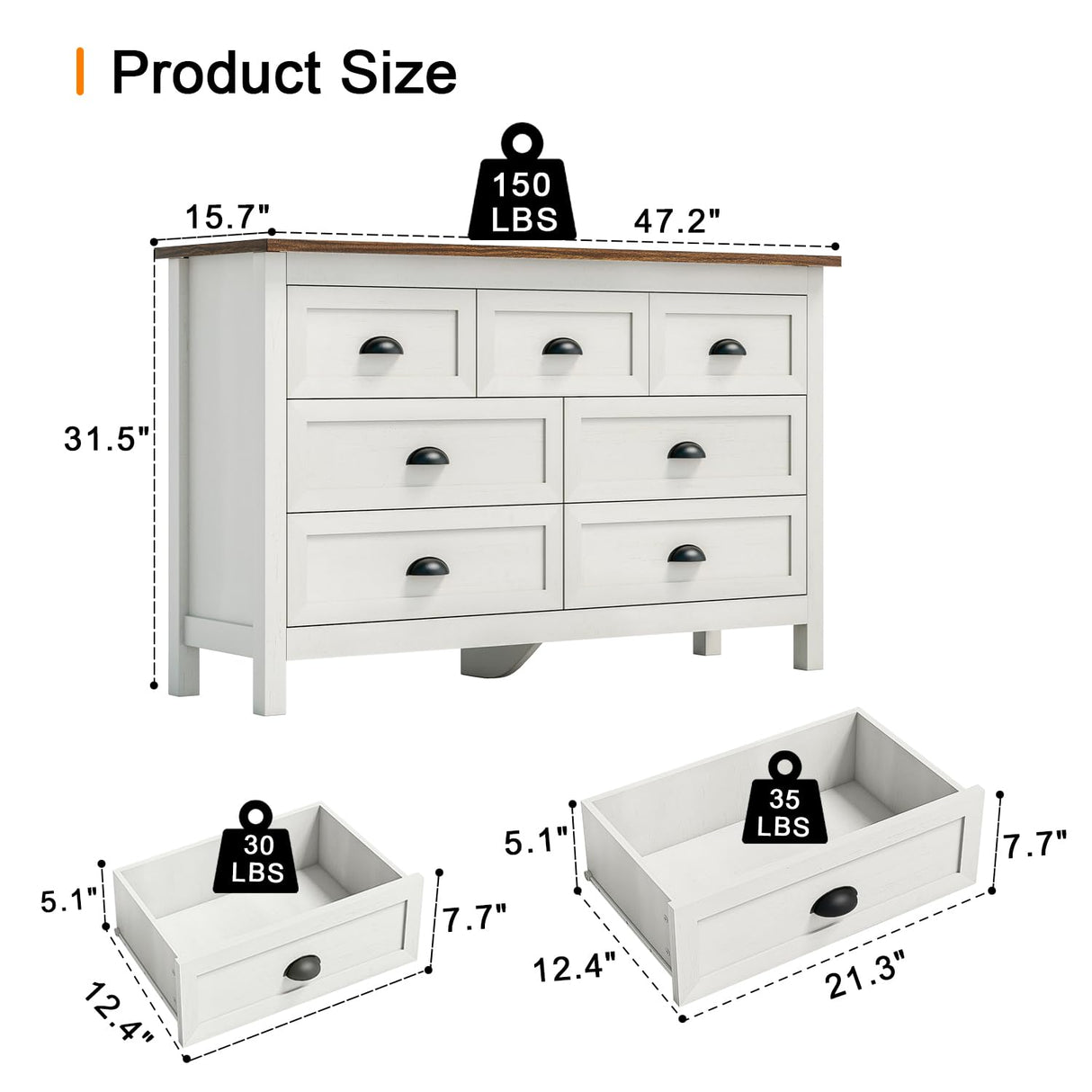 Farmhouse 7 Drawer Dresser for Bedroom, Antique Double Dresser & Chest