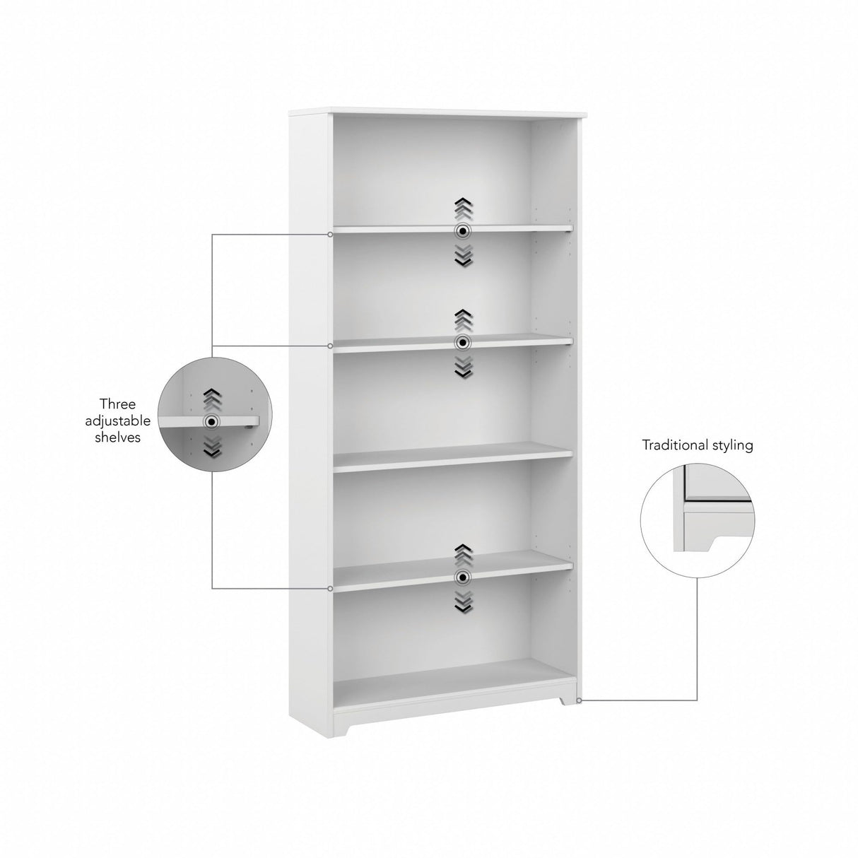 Cabot Tall 5 Shelf Bookcase | Large Open Bookshelf in White | Sturdy Display Cabinet