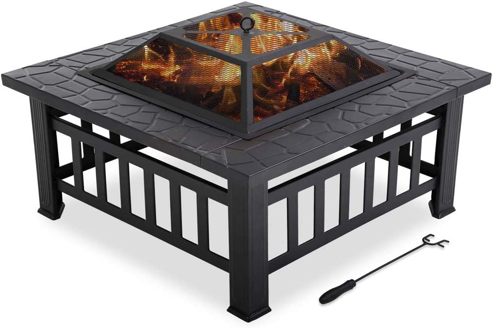 Best Outdoor Fire Pit for Wood 32" Metal firepit for Patio Wood Burning Fireplace Square Garden Stove with Charcoal Rack, Poker & Mesh Cover for Camping Picnic Bonfire Backyard, High Capacity Firepit