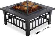 Best Outdoor Fire Pit for Wood 32" Metal firepit for Patio Wood Burning Fireplace Square Garden Stove with Charcoal Rack, Poker & Mesh Cover for Camping Picnic Bonfire Backyard, High Capacity Firepit