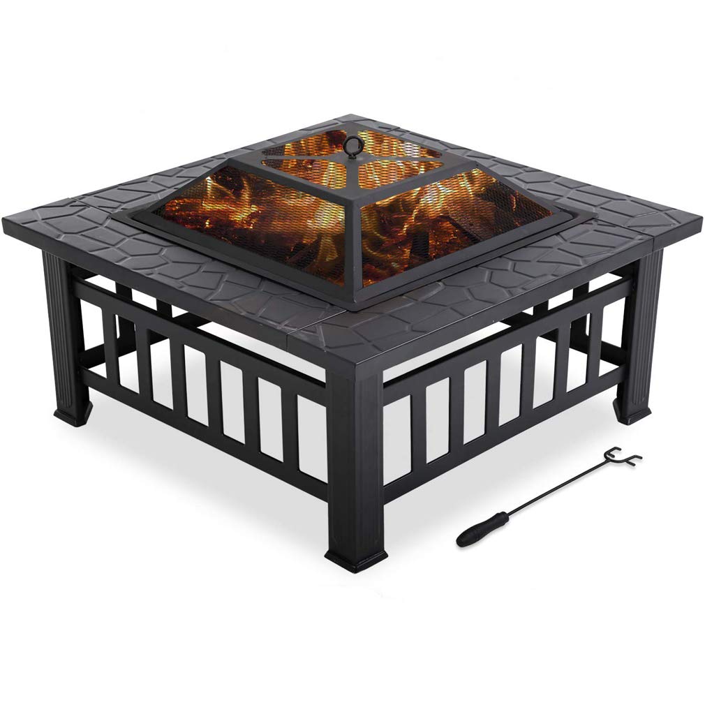 Best Outdoor Fire Pit for Wood 32" Metal firepit for Patio Wood Burning Fireplace Square Garden Stove with Charcoal Rack, Poker & Mesh Cover for Camping Picnic Bonfire Backyard, High Capacity Firepit