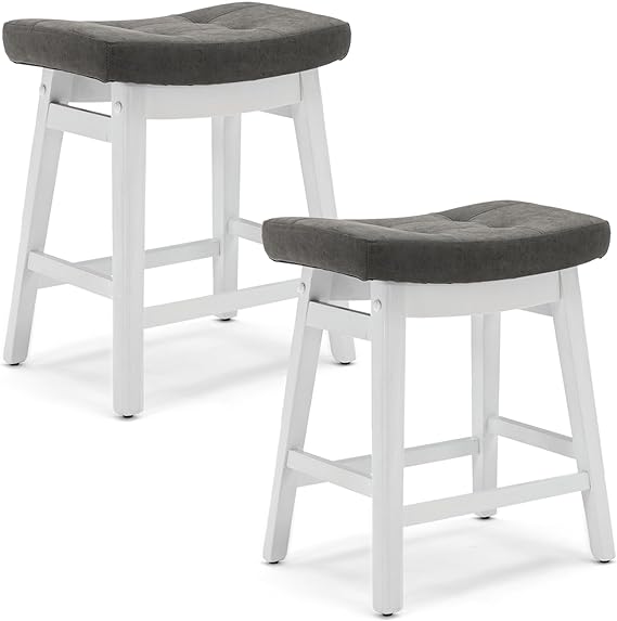 24 Inch Bar Stools Counter Height Set of 2 Solid Wood Legs PU Leather Saddle Soft