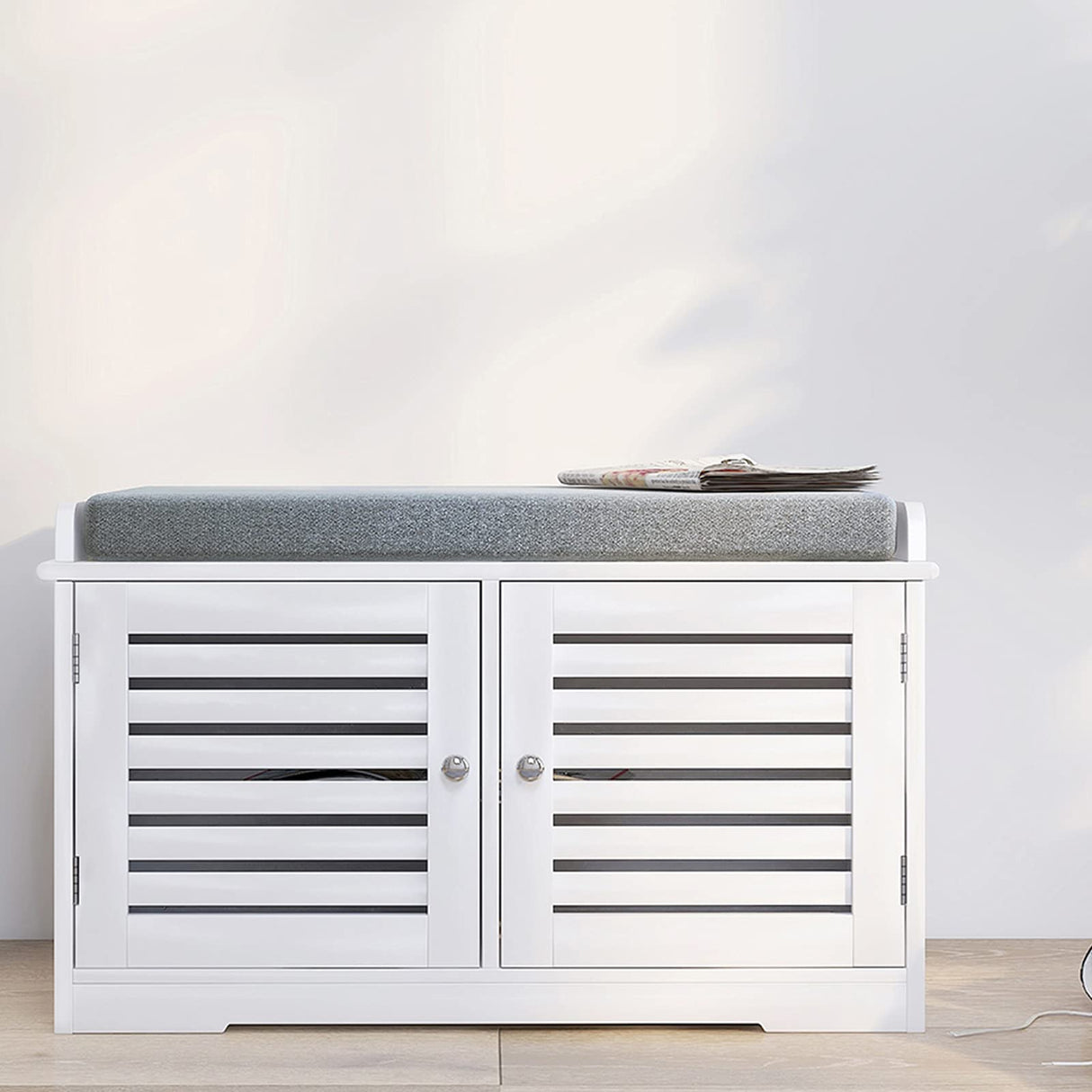 Shoe Storage Benches White Shoe Rack Bench with 2 Doors & Padded Seat Cushion in Grey Shoe