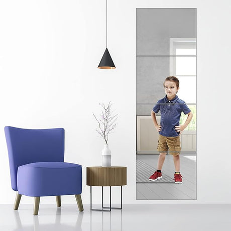 Full Length Wall Mirror Tiles, 8"x 8" x 4 Pcs Acrylic Mirror Wall-Mounted, Shatterproof Non Glass Safety Mirror Great for Baby Kids Playroom