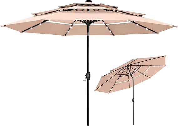 10ft 3 Tier Solar Patio Umbrella, Outdoor Market Umbrellas with 24 LED Lights
