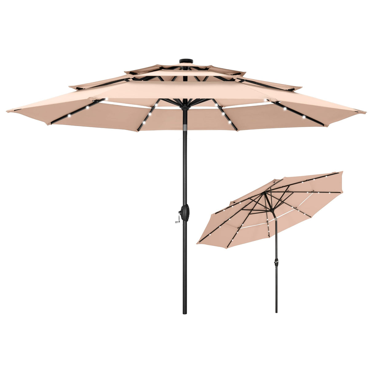 10ft 3 Tier Solar Patio Umbrella, Outdoor Market Umbrellas with 24 LED Lights
