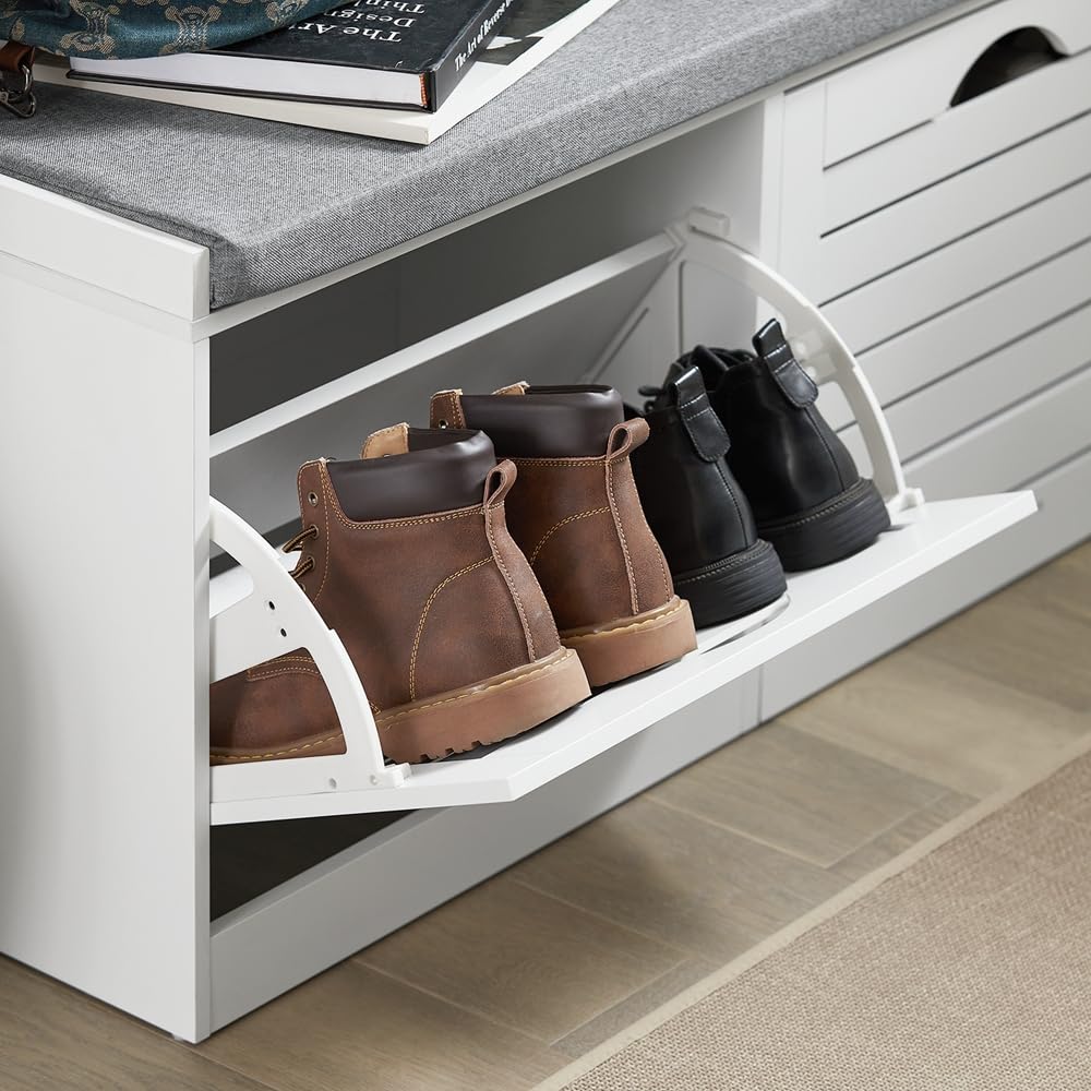 Bench, Narrow Shoe Bench with Seat Cushion, Low Shoe Cabinet with 2 Flip-Drawers