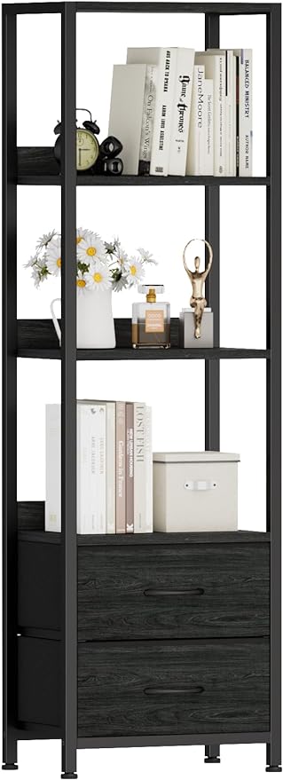 5-Tier Corner Shelf, Narrow Bookshelf with 2 Storage Drawers, Tall Bookcase, Standing