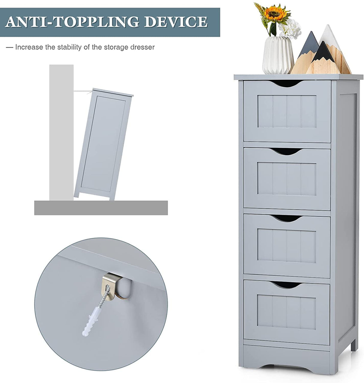 Bathroom Storage Cabinet, Grey Freestanding Floor Cabinet with 4 Drawers & Anti-Tipping Device for Bathroom Living Room Home Office,