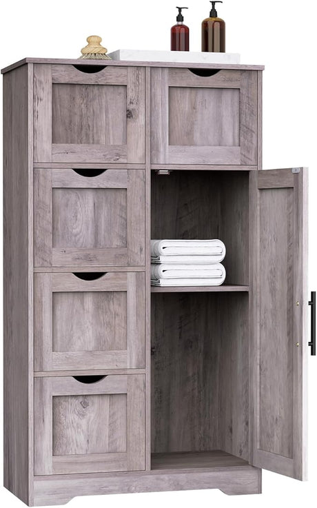 Bathroom Storage Cabinet with Storage Drawers & Door, Entryway Cupboard Pantry Cabinet with 5 Drawers 1 Cabinet 1 Shelf,