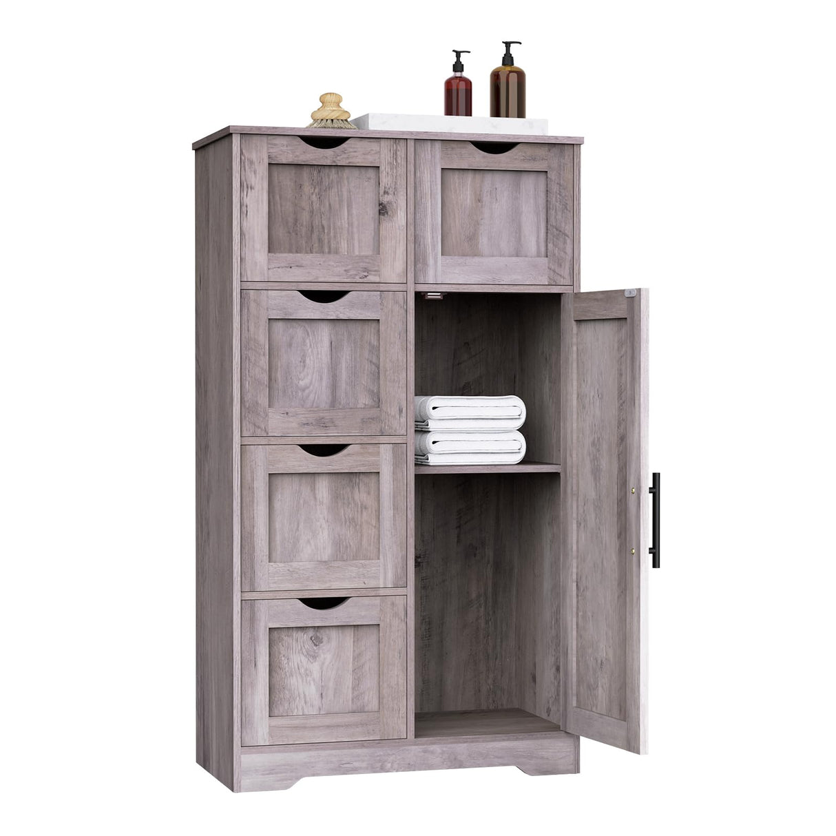 Bathroom Storage Cabinet with Storage Drawers & Door, Entryway Cupboard Pantry Cabinet with 5 Drawers 1 Cabinet 1 Shelf,