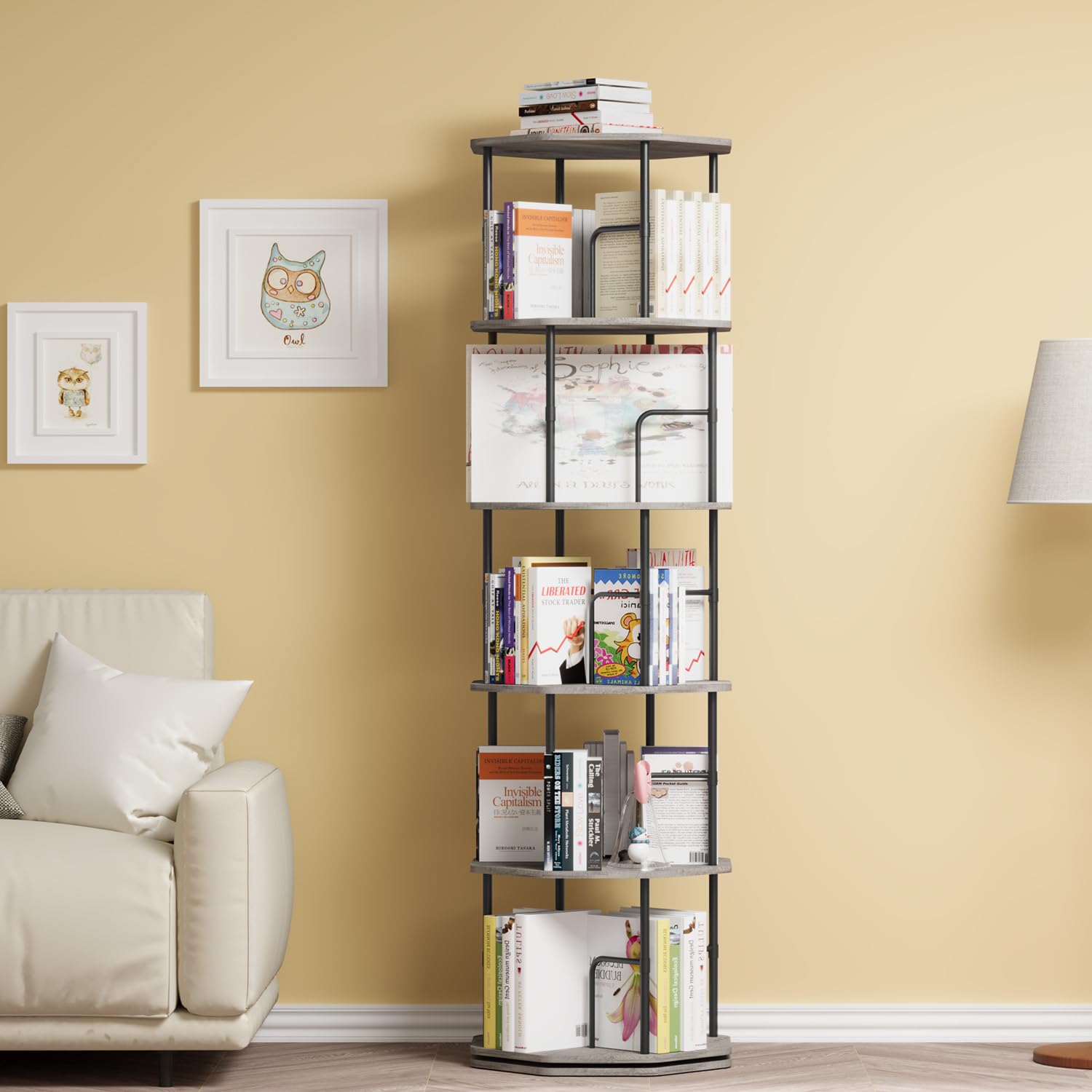 5-Tier Rotating Bookshelf Storage Rack, Corner Spinning Bookshelf Tower with Bookends for Small Space
