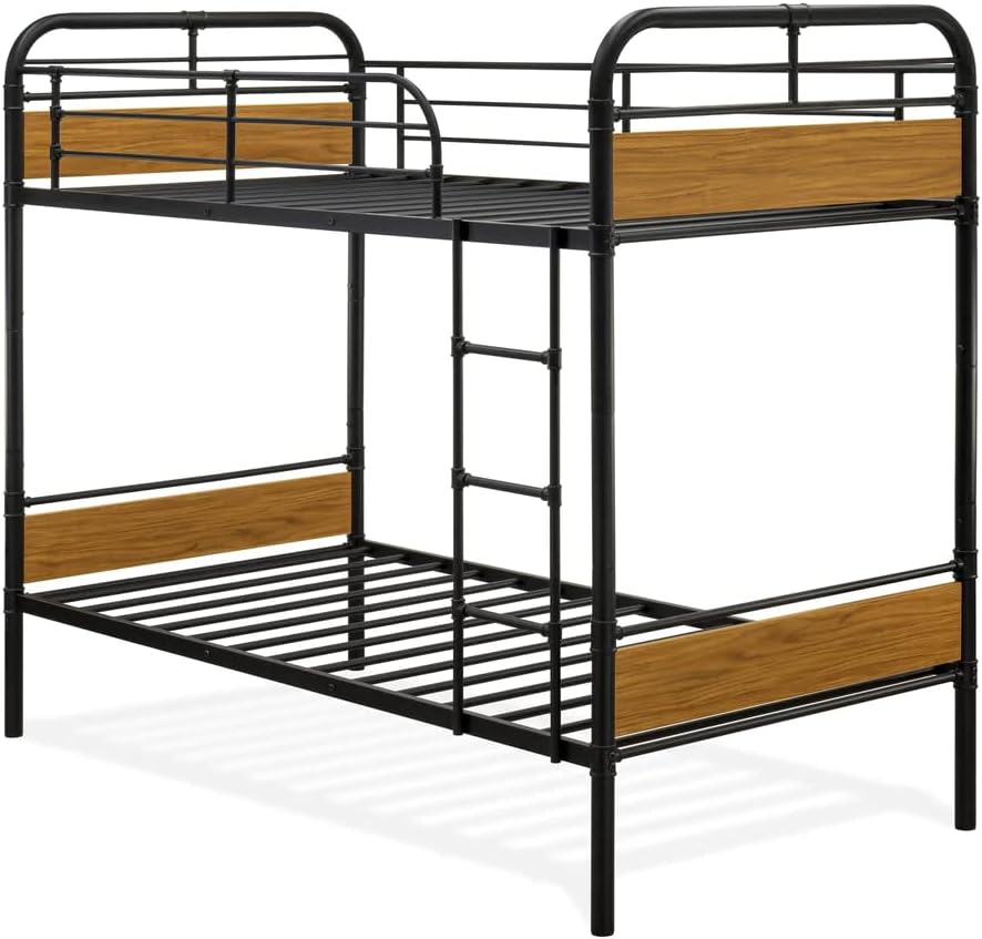 HYT0B01-1 Hedley Bunk Bed Frame with 4 Metal Legs - Magnificent Twin Bed in PowderBlack Color and Brown