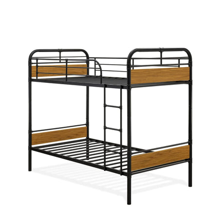 HYT0B01-1 Hedley Bunk Bed Frame with 4 Metal Legs - Magnificent Twin Bed in PowderBlack Color and Brown