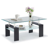 Modern Rectangle Coffee Table, Tempered Glass Center Table with Open Storage Shelf