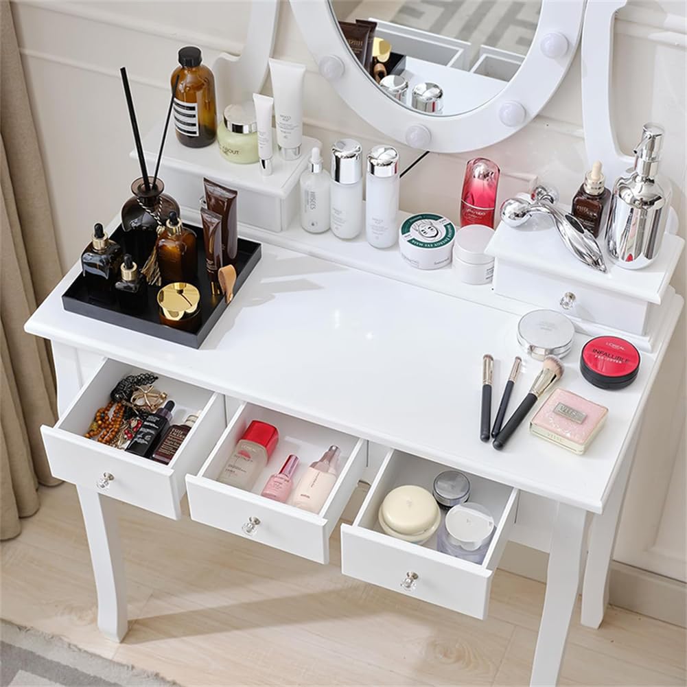 Makeup Vanity Set with Cushioned Stool, Wooden Dressing Table with Oval Mirror and Lights