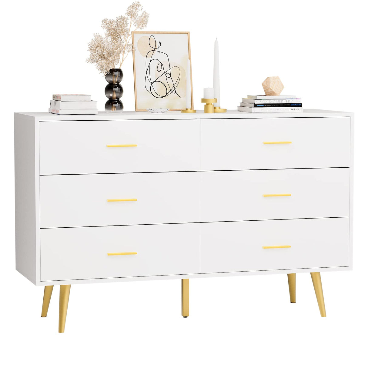 White 6 Drawer Dresser for Bedroom, Wooden White Double Dresser with Gold Handles