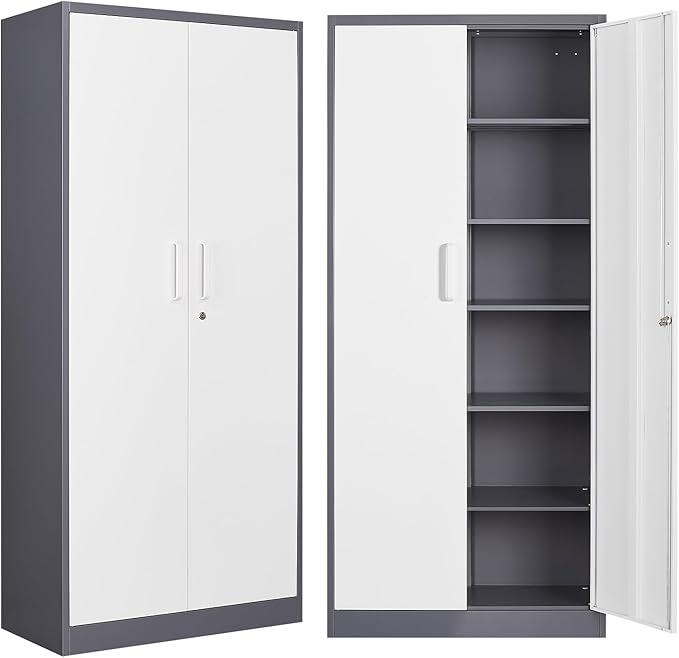 Metal Garage Storage Cabinet with 2 Doors and 5 Adjustable Shelves 71" Pantry Cabinet