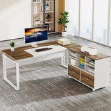 L-Shaped Executive Desk with Reversible File Cabinet, 63" Office Desk with Storage