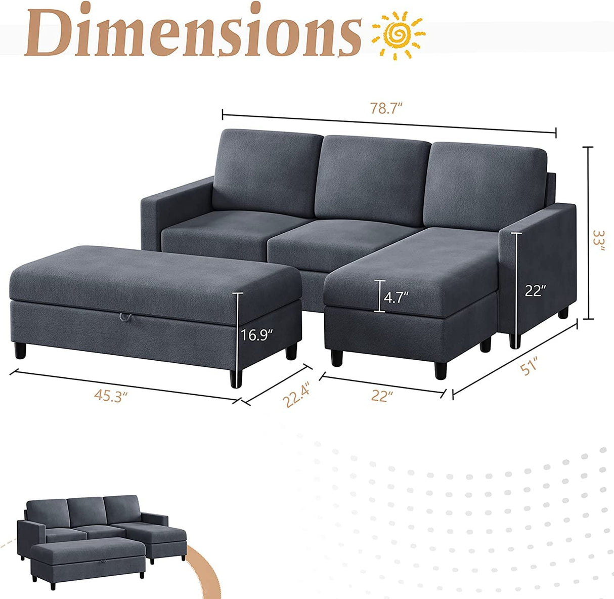 79'' Sectional Sofa Couch with Storage Ottoman, Living Room Furniture Set Small