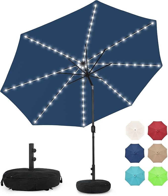 Solar 80 LED 9 ft Patio Umbrella with Sand Bag Umbrella Base