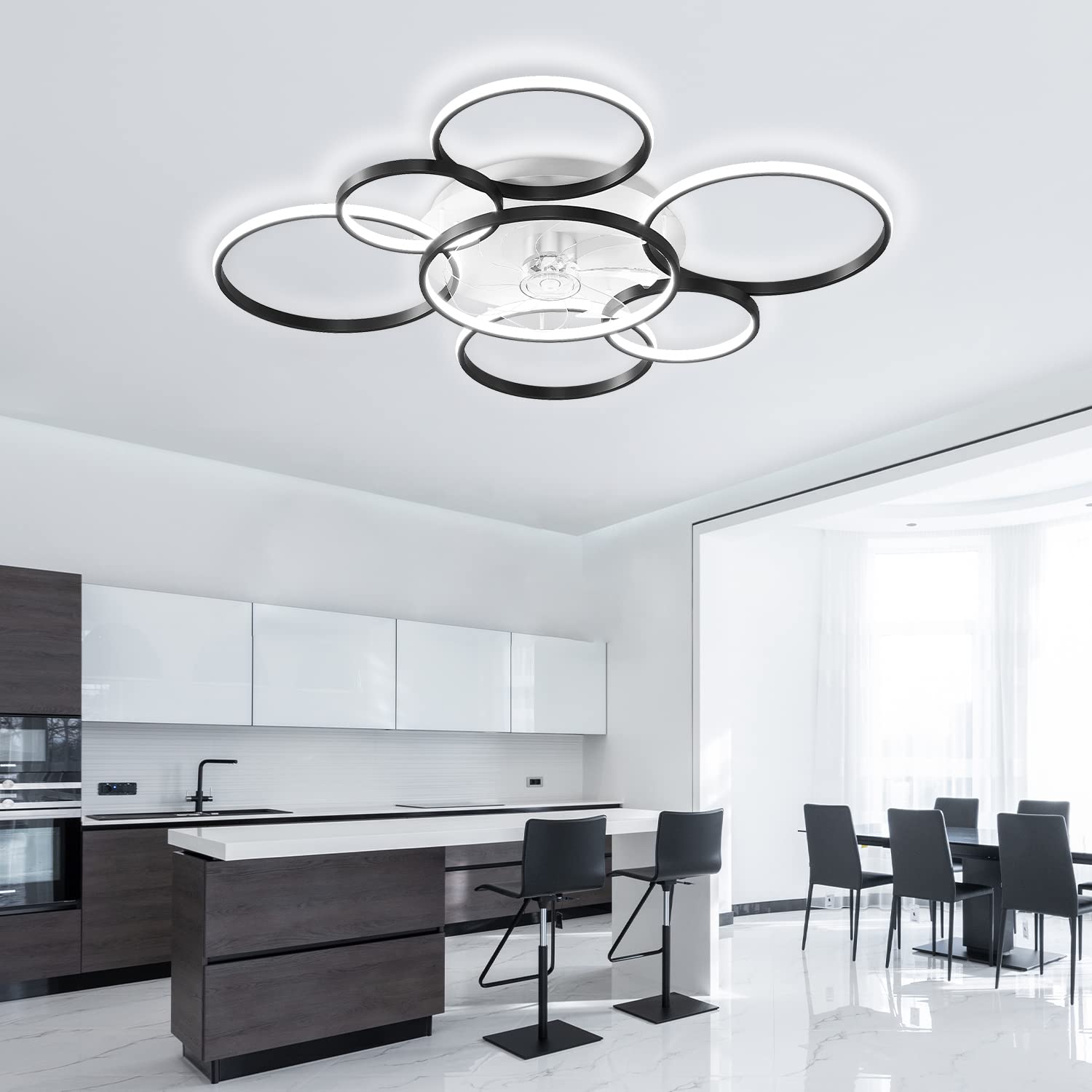 SNOWUNDER 41" Modern Ceiling Fan with Light, Flush Mount Celing Fan with Led Light and Remote Control for Living Room，Tri-Color Light 6-Speed Wind