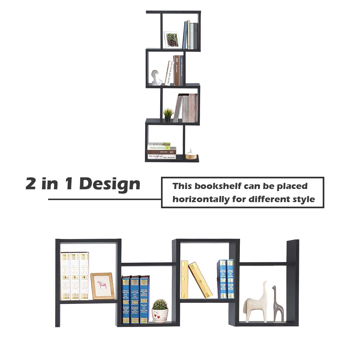 4 Tier Bookshelf S Shaped Bookcase, Multifunctional Wooden