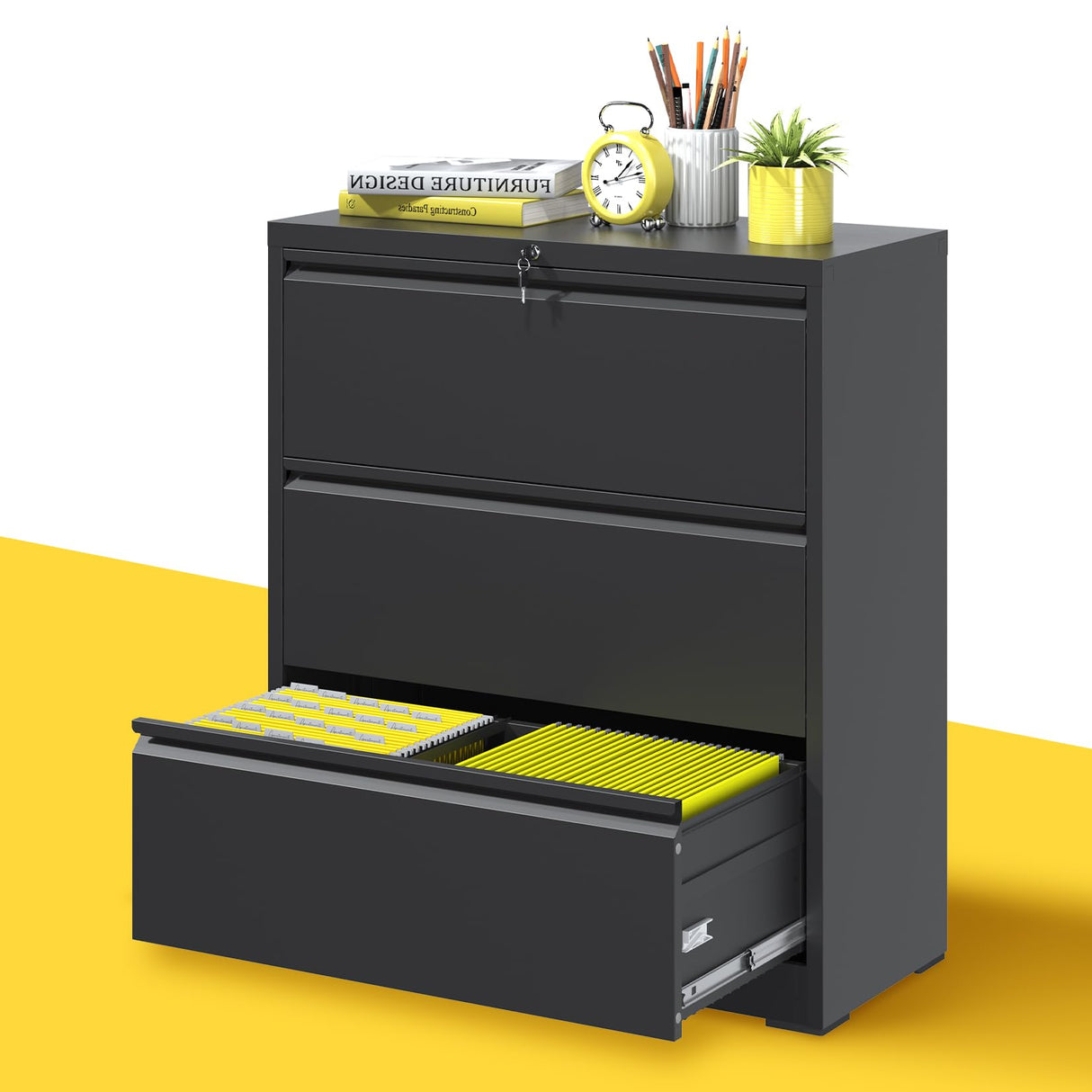 3 Drawer Lateral File Cabinet, Black Metal Lateral Filing Cabinet for Home Office