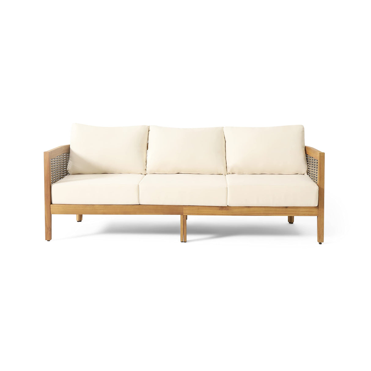 Burchett Outdoor 3 Seater Sofa with Cushions - Acacia Wood and Round Wicker