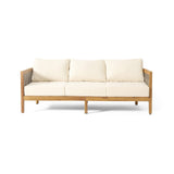 Burchett Outdoor 3 Seater Sofa with Cushions - Acacia Wood and Round Wicker