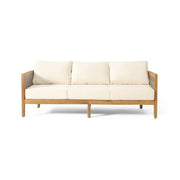 Burchett Outdoor 3 Seater Sofa with Cushions - Acacia Wood and Round Wicker