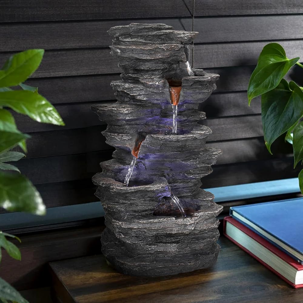 Large Rockery Tabletop Fountain - 15.7"H Resin Crafted Stacked Rockery Waterfall Fountain
