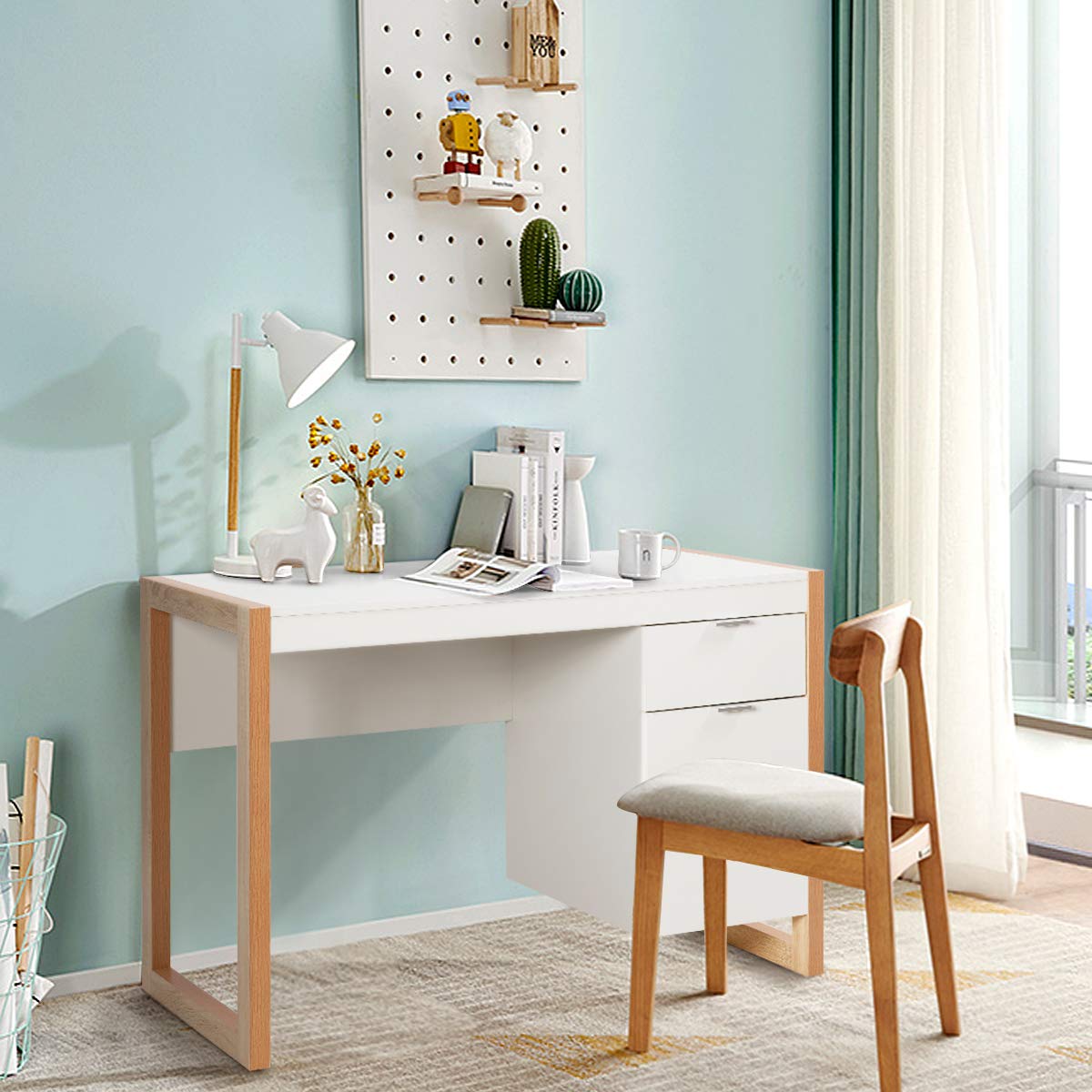 White Desk with Drawer & Cabinet, Wooden Home Office Desk