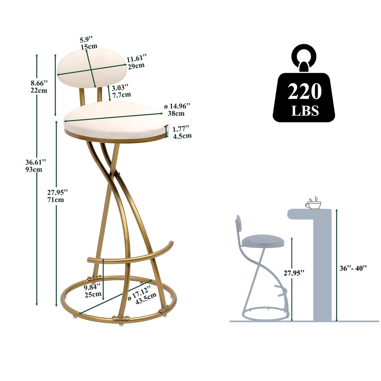 Modern Bar Stools Set of 2,Stools for Kitchen Counter with Velvet Cushion and Metal Legs