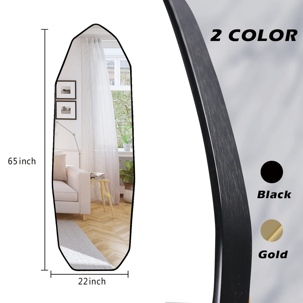 SANHUAMAO Full Length Mirror 22" x 65" Irregular Floor Length Mirror with Stand, Wall Mirror Diamond Shaped for Living Room, Bathroom, Entryway and Cloakroom, Black Aluminum Frame