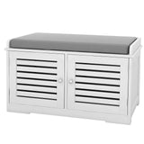 Shoe Storage Benches White Shoe Rack Bench with 2 Doors & Padded Seat Cushion in Grey Shoe