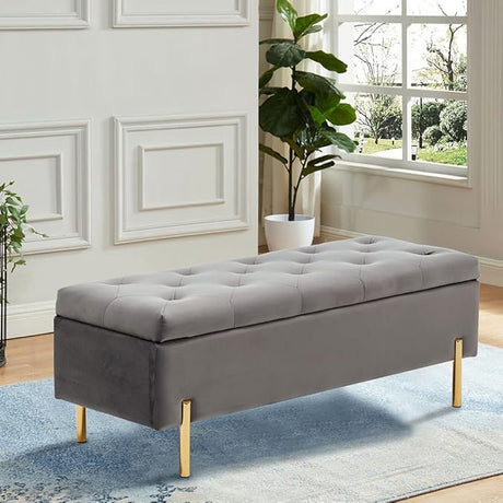 Velvet Storage Bench, Modern Bedroom Bench, Upholstered Tufted Large Settee Ottoman with Storage Bench for Bedroom,Living Room,Entryway, Ivory