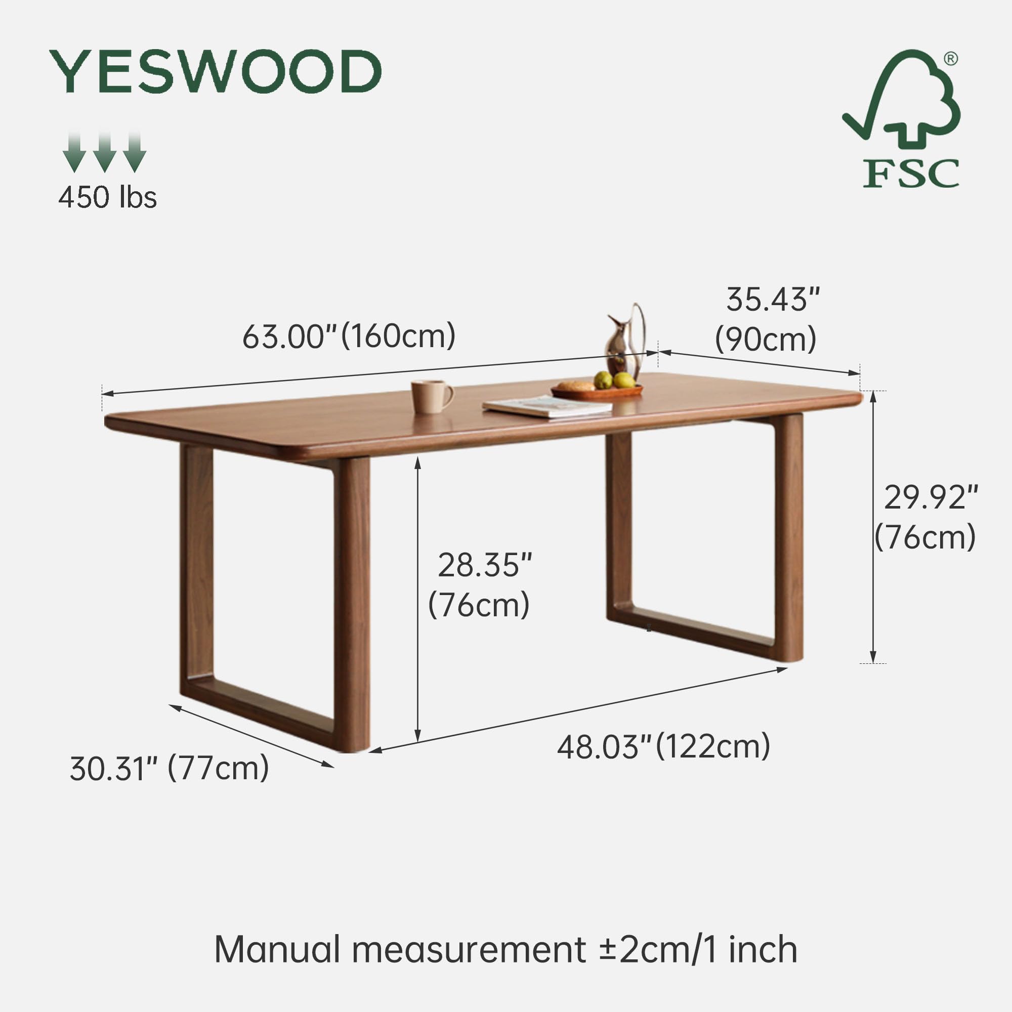 63" Black Walnut Dining Table for 6-8 People