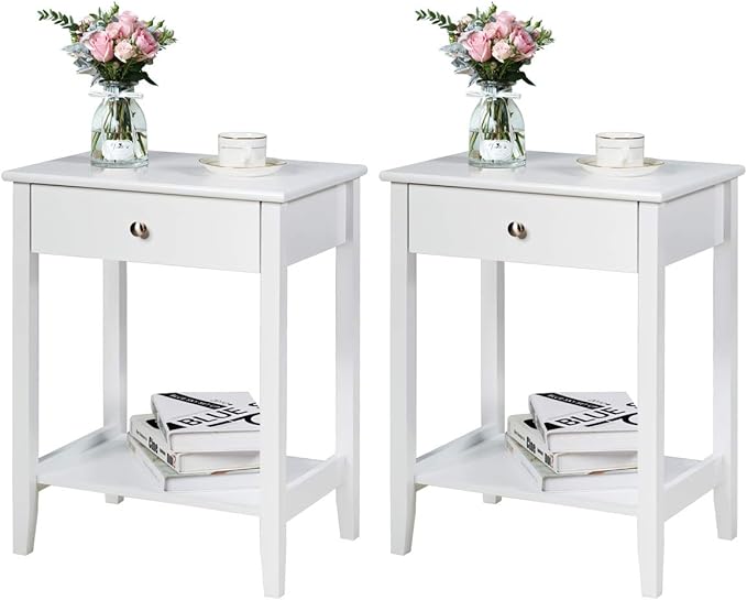 Nightstand Wooden 2-Tier Couch Sofa Side Table with Drawer, Storage Shelf