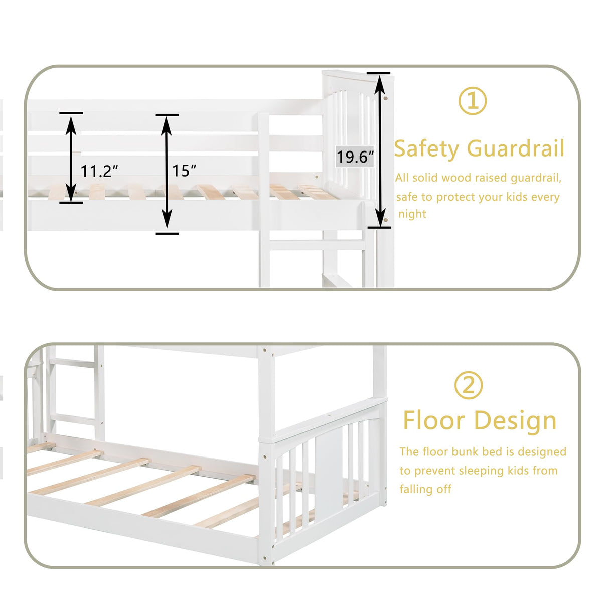 Montessori Floor Bunk Bed Twin Over Twin, Twin Bunk Bed with Slide and Ladder