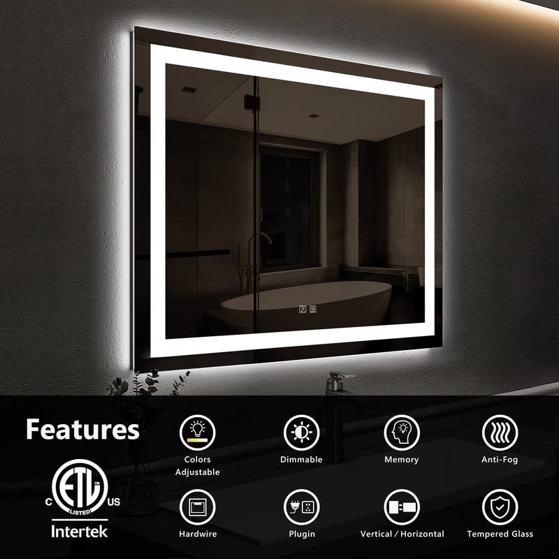 ROOMTEC 30 * 30 Inch Led Bathroom Mirror with Lights,Smart Dimmable Vanity Mirrors for Wall,Anti-Fog Backlit Lighted Makeup Mirror