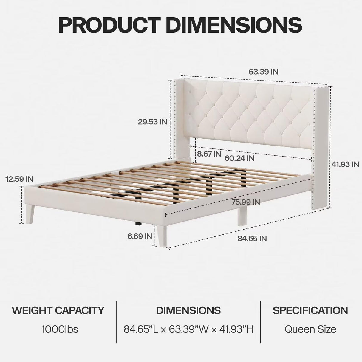 Queen Size Bed Frame with LED Lights, Upholstered Bed Frame with Wingback Diamond