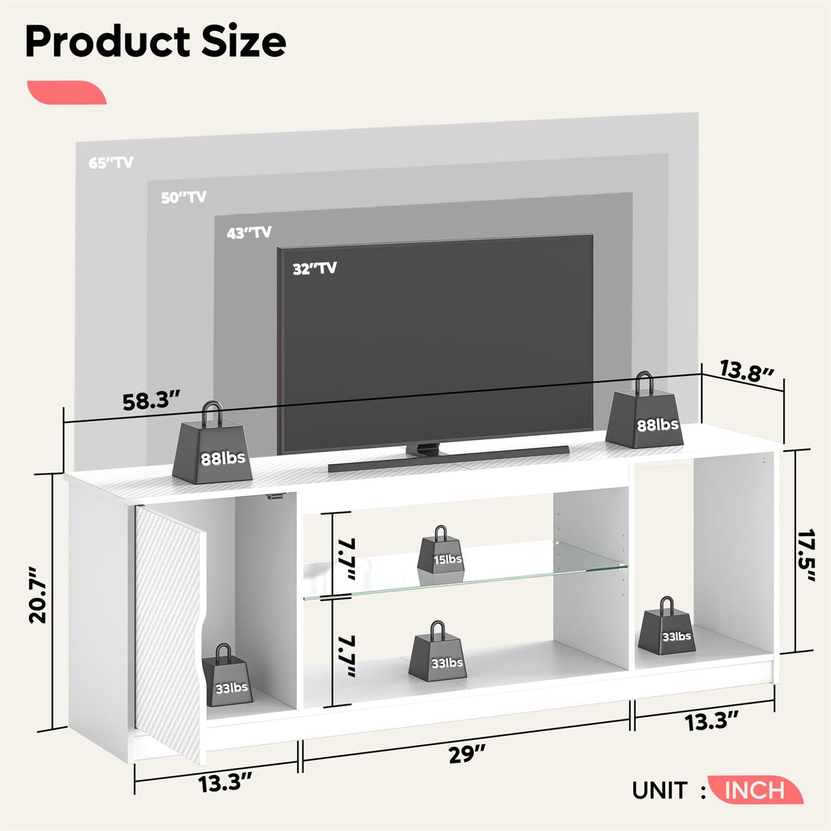 Gaming TV Stand with Removable Glass Shelves for 55/60/65 Inch TV