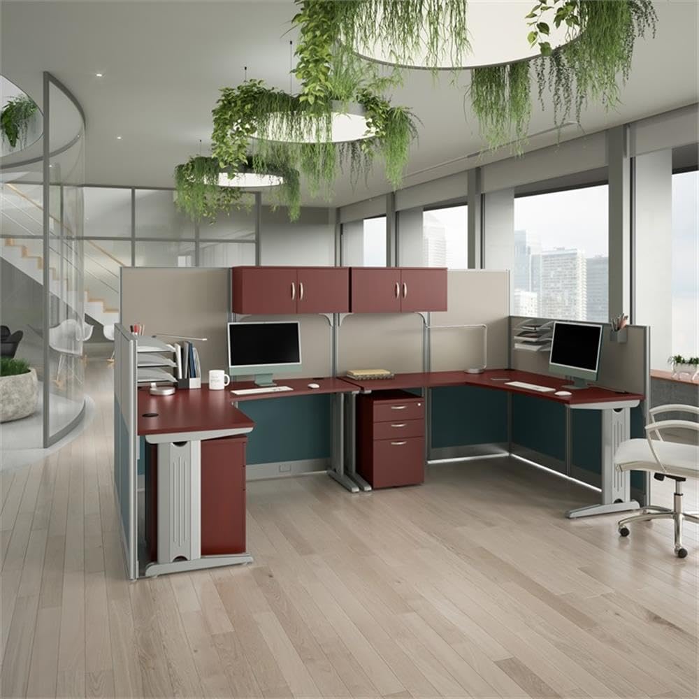 Office in an Hour L Shaped Cubicle Desks with Storage, Drawers, and Organizers