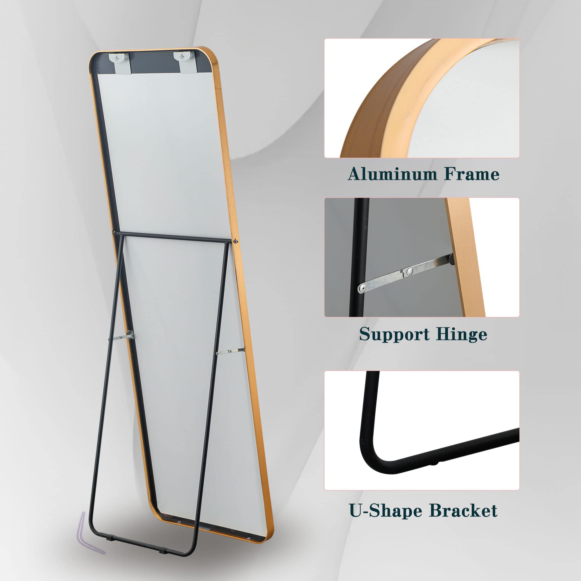 Full Length Floor Mirror 65x22 - Gold Rounded Corner Standing Wall Mount
