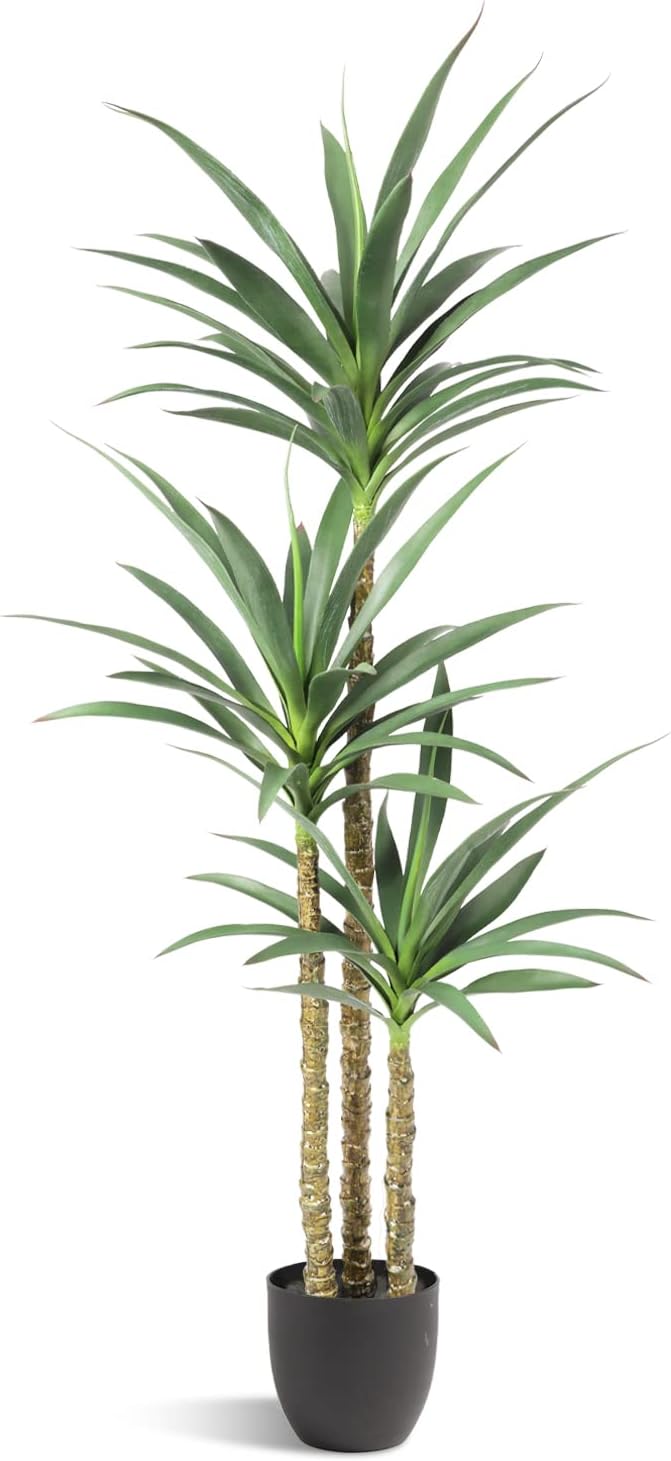 Artificial Tree 4.7Ft Faux Agave Plant with 3 Heads in Plastic Pot Fake Tree for Home