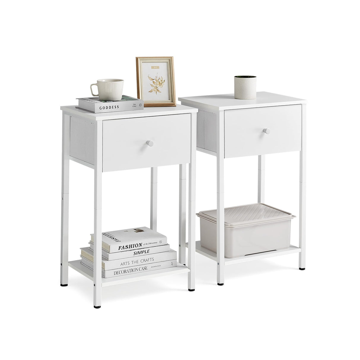 Nightstands, Set of 2 Side Tables with Fabric Drawer, 24-Inch Tall End Tables with Storage Shelf, Bedroom, White ULGS221W14