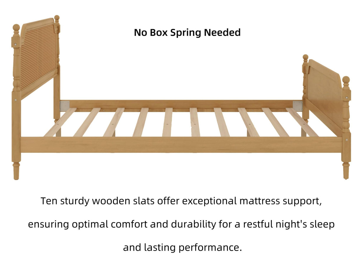 King Bed Frame with Rattan Headboard - Solid Pine Wood Platform